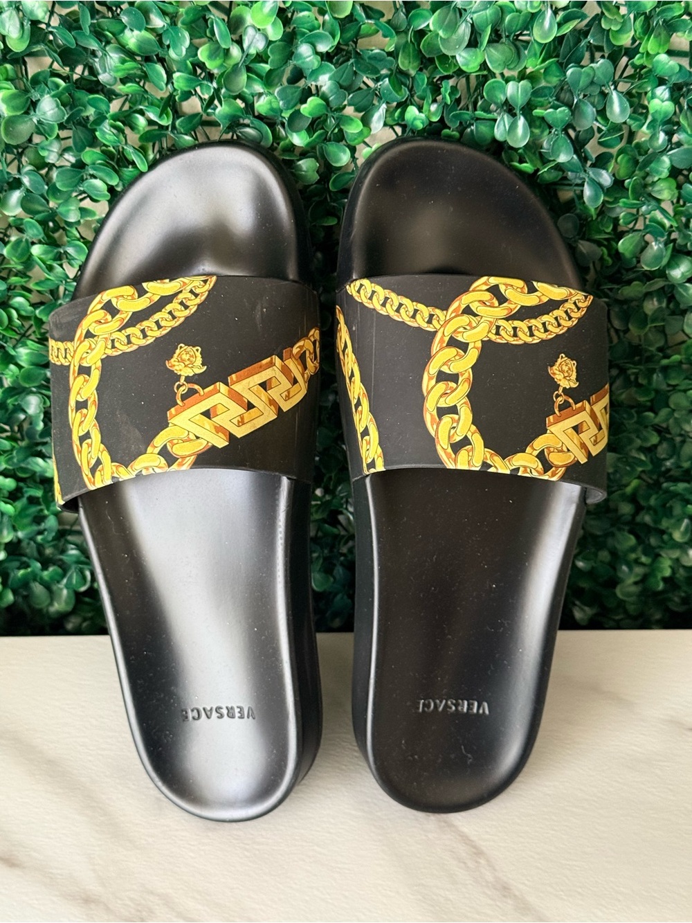 Versace Black & Gold Chain Print Slide Sandals Size 42